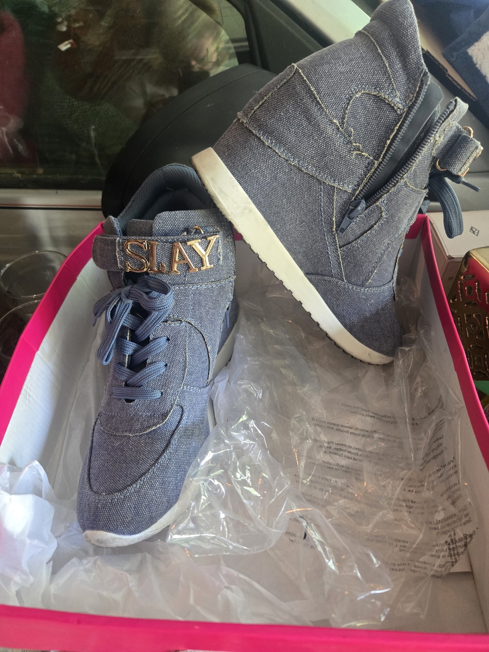 Denim Blue High-Top Sneakers with Gold 'SLAY' Hardware - Picture 2 of 4